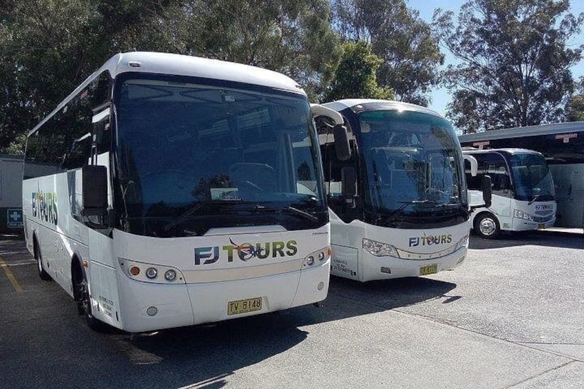 Zwei weiße Busse mit der Aufschrift 'TOURS' stehen auf einem Parkplatz. 2
