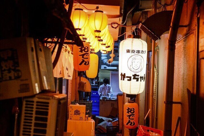 Ein schmaler Gang mit hängenden Laternen und Schildern in japanischer Schrift. 4