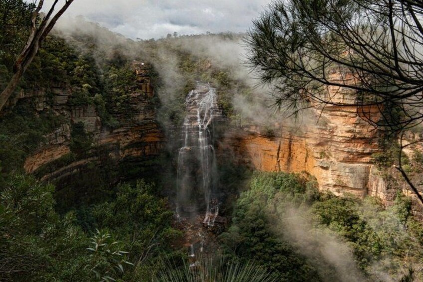 A waterfall cascading down a rocky cliff surrounded by dense vegetation. 4