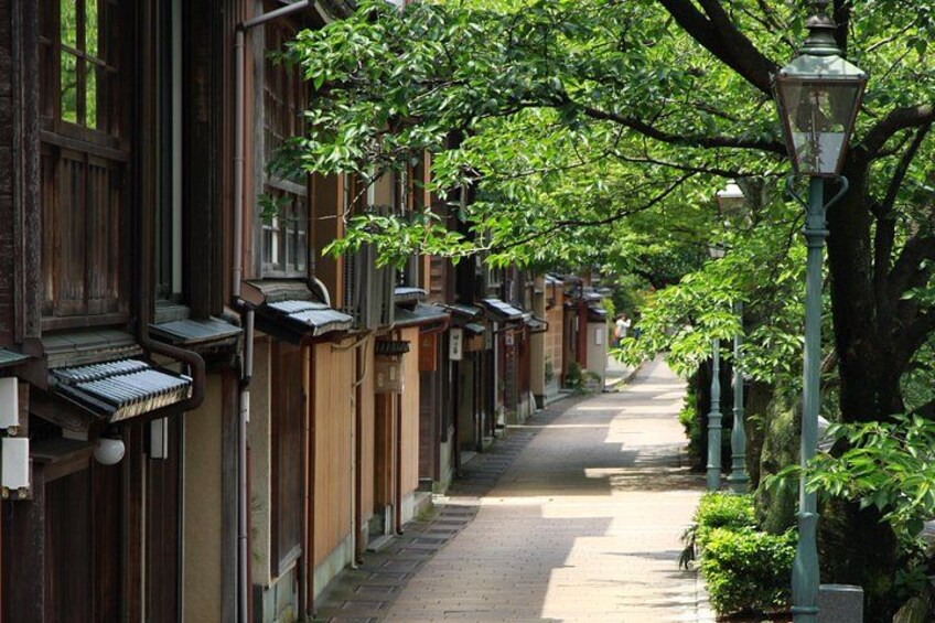 Een straat met bomen, traditionele houten gebouwen en een lantaarnpaal. 2