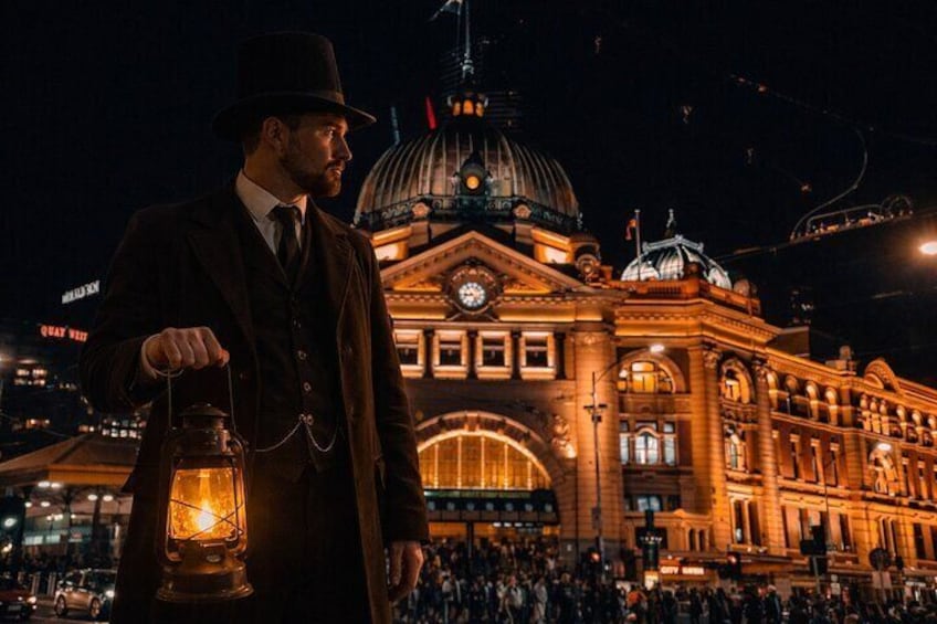 A man in a suit holding a lantern in front of a grand building with a dome and clock. 1
