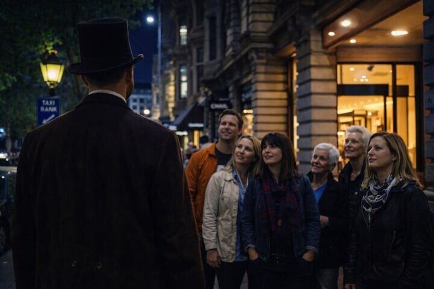 A group of people standing on a city street at night. 4
