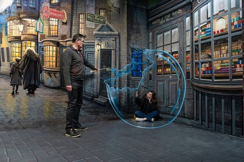 A wizard casting a spell in front of a shop with a sign that reads 'Daily Prophet.' 5