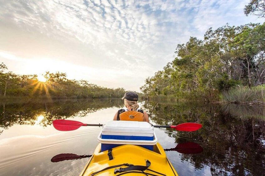 Une personne fait du kayak sur une rivière paisible, entourée d’arbres. 1