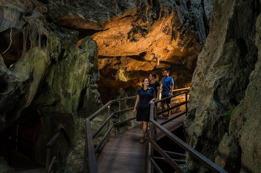A cave with stalactites and a wooden walkway. 1