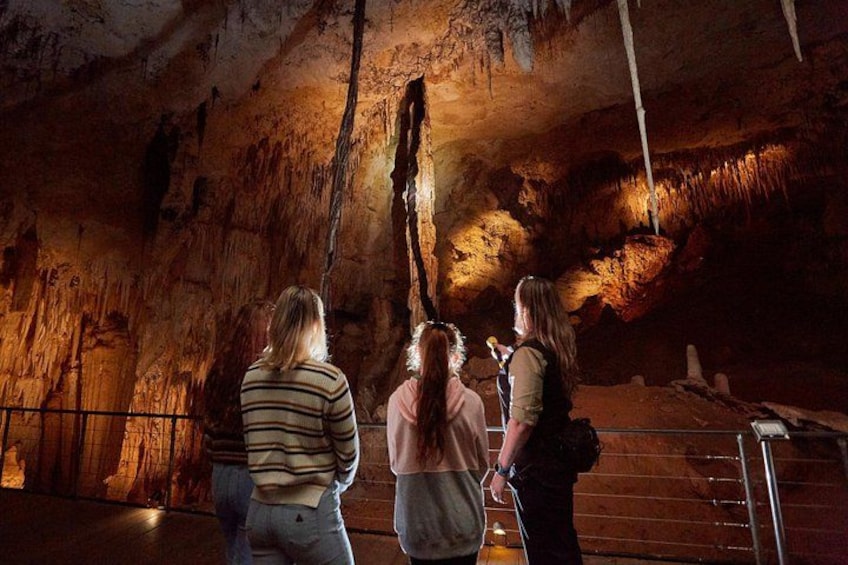 En grotta med stalaktiter och stalagmiter, ett metallräcke och besökare som betraktar formationerna. 3