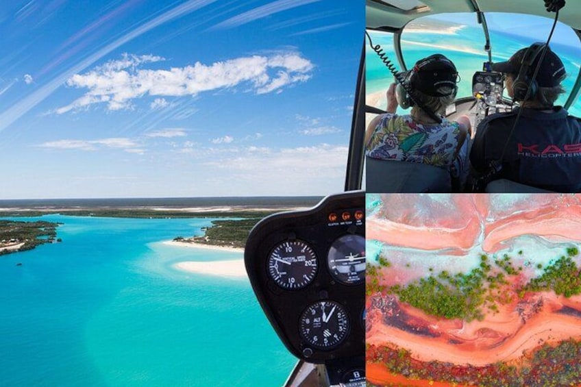A helicopter cockpit with a view of a turquoise coastline and a detailed painting of a landscape. 2