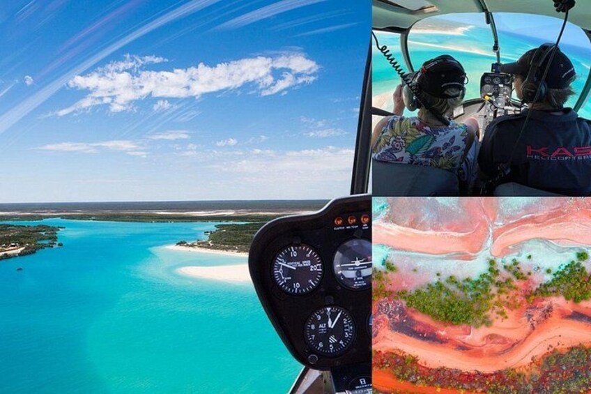 Cabina de helicóptero con vista al mar turquesa y una playa de arena. 3