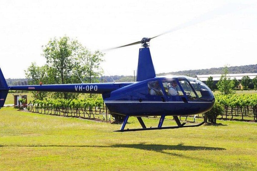 A blue helicopter with registration VH-0PO parked on a grassy field. 2