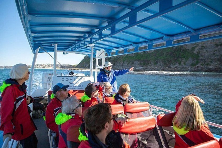 A group of people on a boat with a blue canopy, wearing life jackets, and a guide pointing towards the water. 5