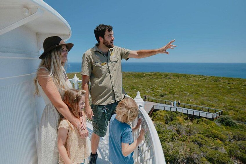 A family on a balcony overlooking a coastal landscape with a clear sky. 1