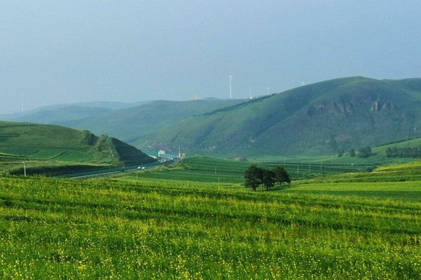 Rolling hills, a road, and wind turbines in a green landscape. 1