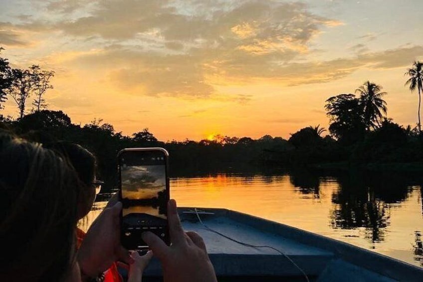 A person taking a photo of a sunset over water with palm trees in the background. 1