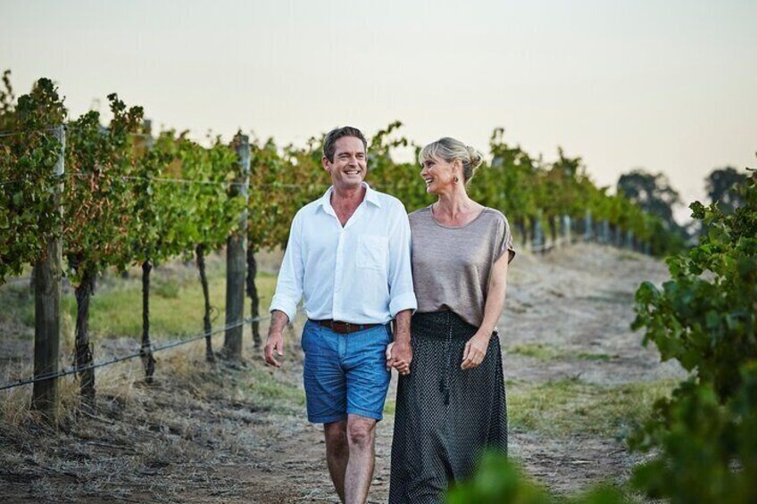 A man and a woman walking in a vineyard. 2