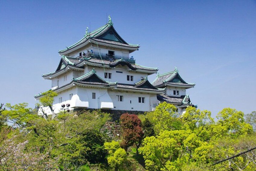 Un château japonais traditionnel, doté de plusieurs niveaux et de toits verts, entouré d’une végétation luxuriante. 1