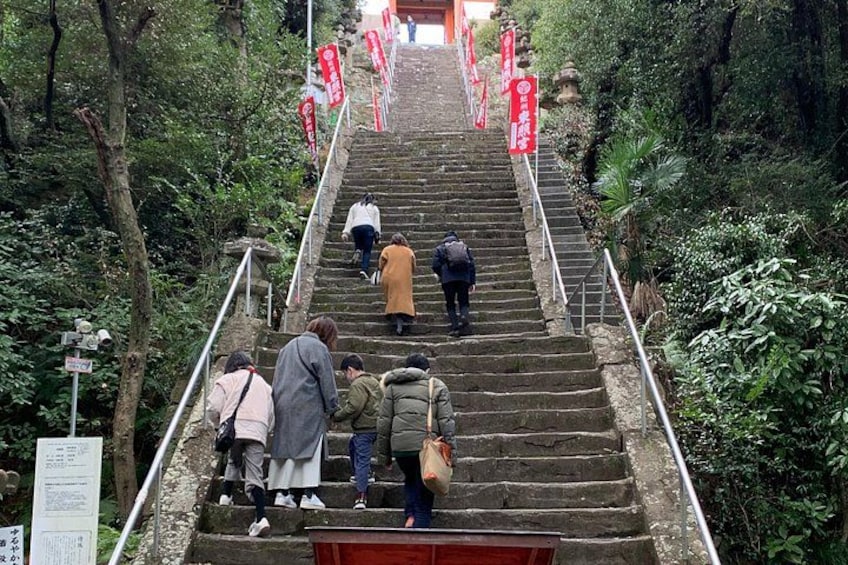 A stone staircase surrounded by greenery, leading to a red-roofed structure at the top. 5