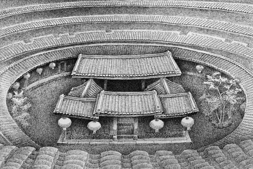 A traditional Chinese building with tiered roofs and lanterns, surrounded by a circular stone structure. 5