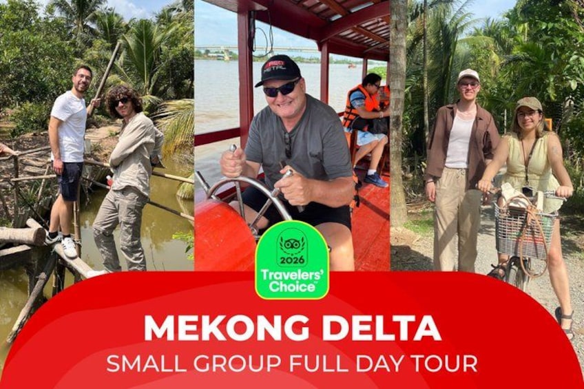 Een groep mensen op een Mekong Delta tour, inclusief een boottocht en een wandeling door een tropisch gebied. 1