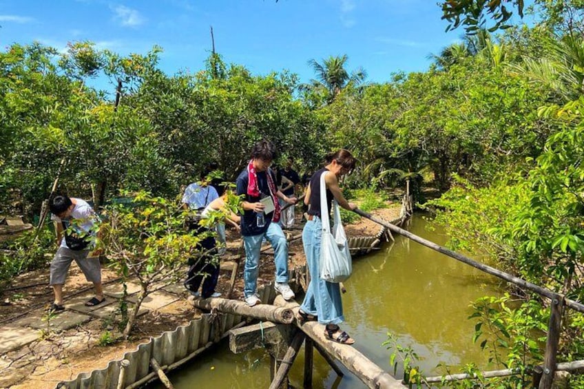 People crossing a wooden bridge over a water body in a forested area. 3