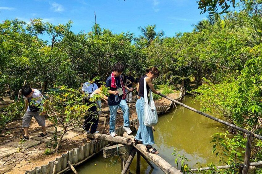 Des personnes traversent un pont de bois qui enjambe un plan d’eau dans une zone boisée. 2