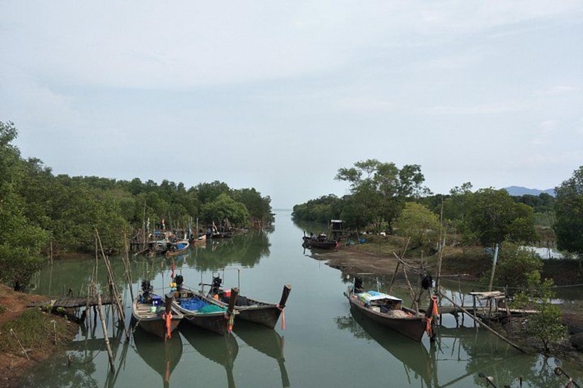 A calm river with boats docked along the banks, surrounded by dense greenery. 3