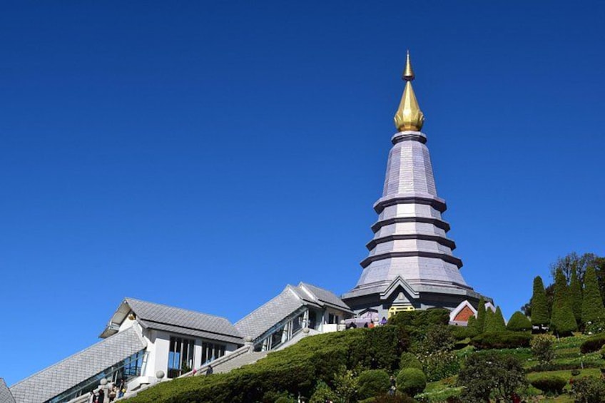 A pagoda with a golden spire, surrounded by lush greenery and modern buildings. 1