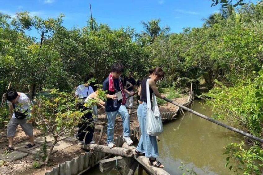 People crossing a wooden bridge over a river in a forested area. 5