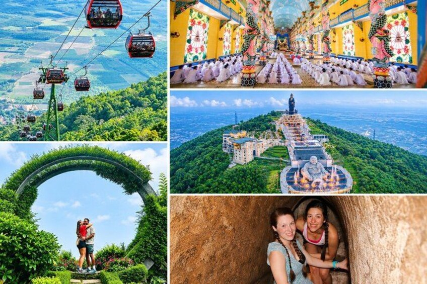 A cable car, a colorful temple, a mountain path, a circular garden, and a cave. 1