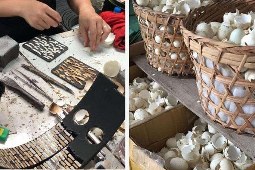 Un espacio de trabajo con herramientas, un objeto circular negro y cestas llenas de esferas blancas. 3