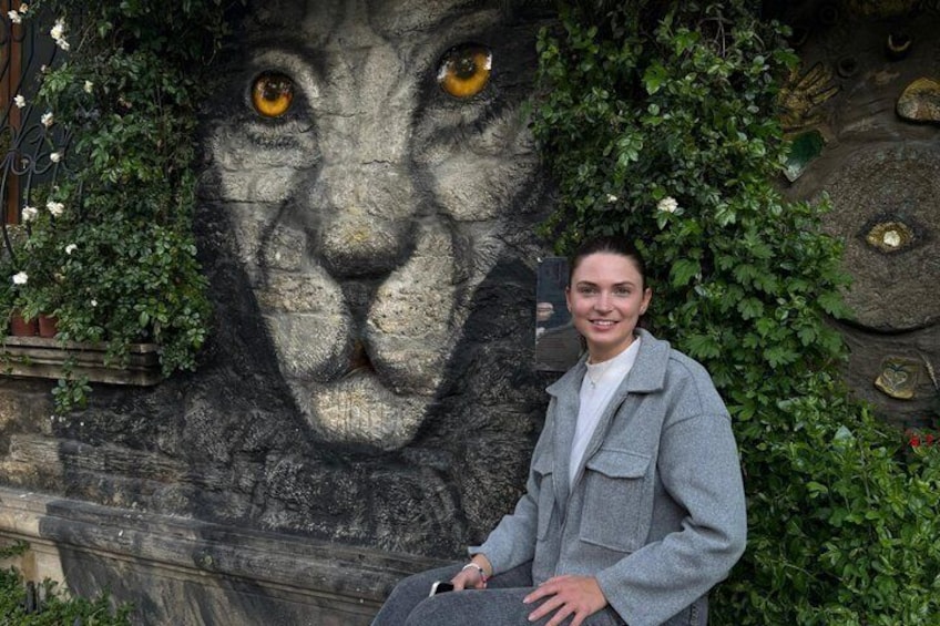 A person standing in front of a large stone wall with a lion mural. 5