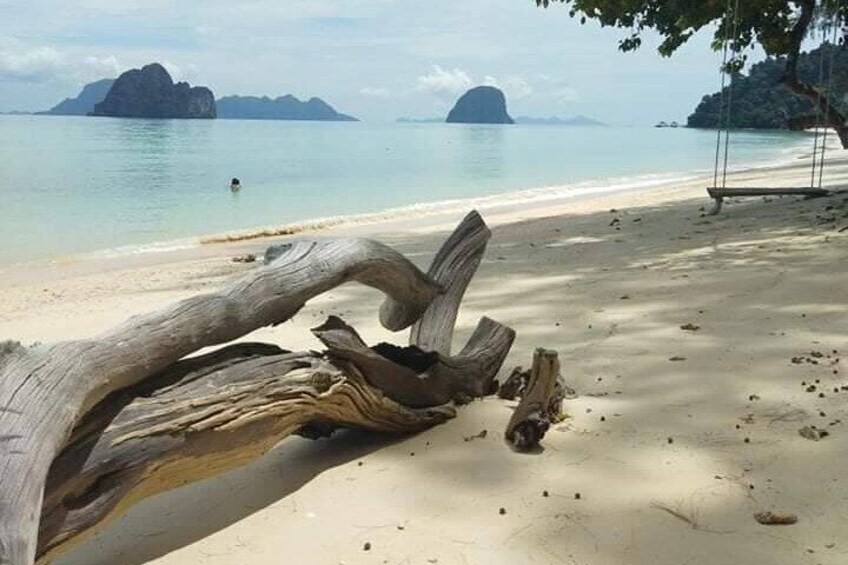 A beach with driftwood, clear water, and distant islands. 4
