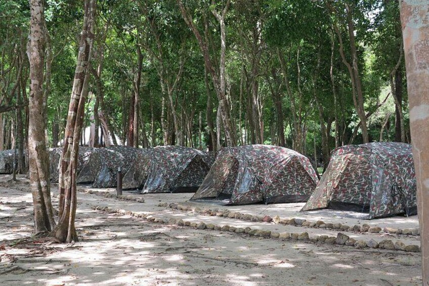 A row of camouflaged tents in a forested area. 2