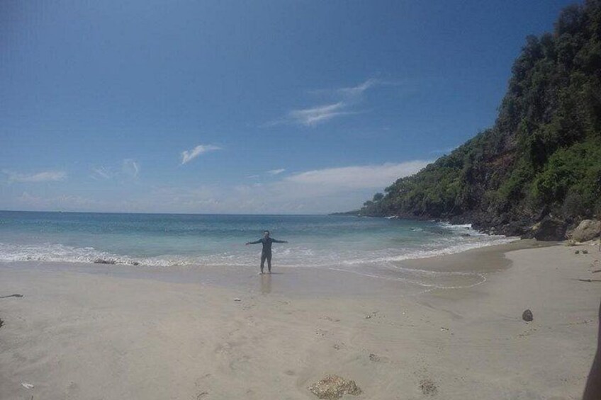A beach with a person standing in the water, a sandy shore, and a forested hillside. 5