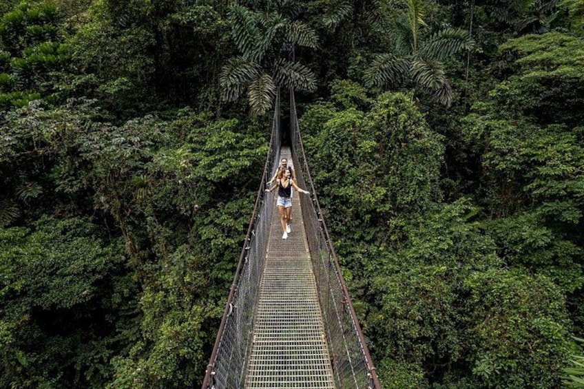 Eine Person geht auf einer Hängebrücke, umgeben von dichtem Wald. 5
