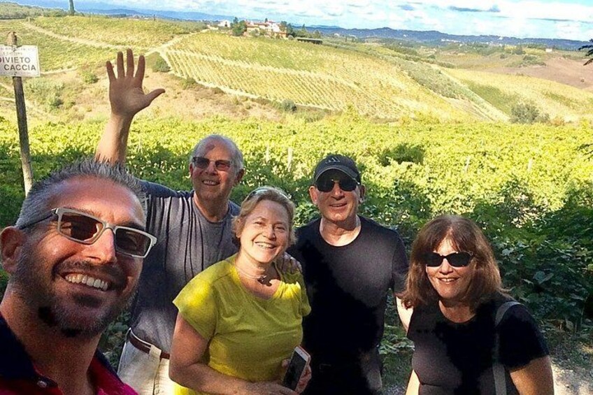 A group of people standing in a vineyard with rows of grapevines. 3