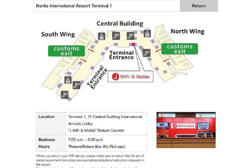 A map of Narita International Airport Terminal 1 with marked locations for customs exit, terminal entrance, and WiFi. 5