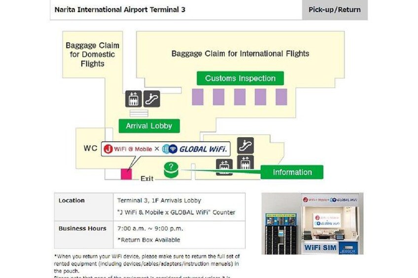 A layout of Narita International Airport Terminal 3 with baggage claim areas, customs inspection, arrival lobby, and WiFi information. 3