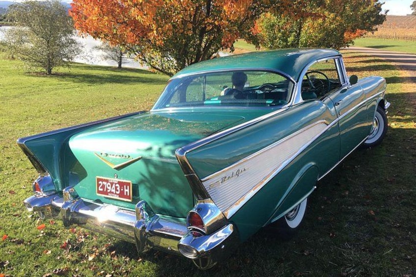 A vintage green car parked on grass with a license plate, trees, and a lake in the background. 1