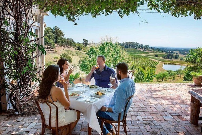A group of people dining at an outdoor table with a vineyard view. 3