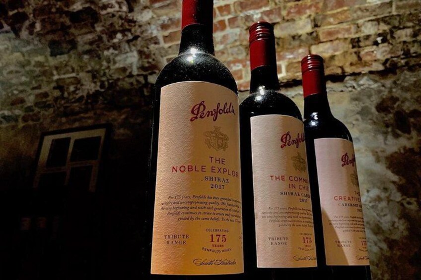 Three bottles of wine with labels against a brick wall background. 2