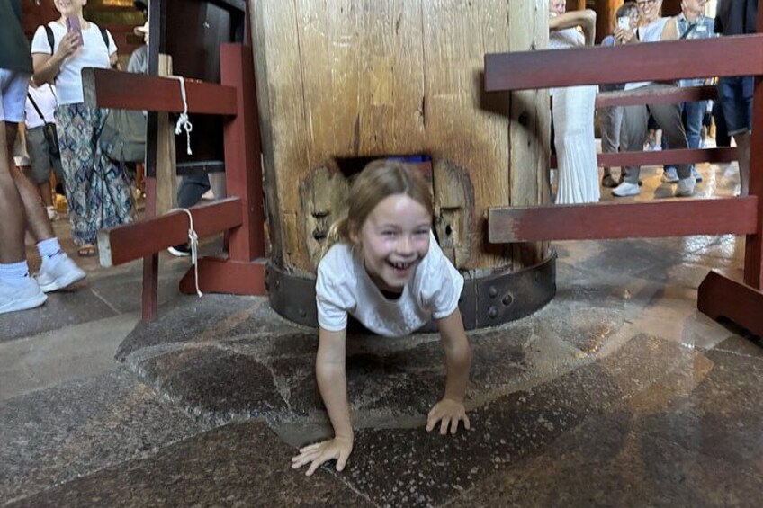 Un niño gatea debajo de una estructura de madera con bancos alrededor. 5