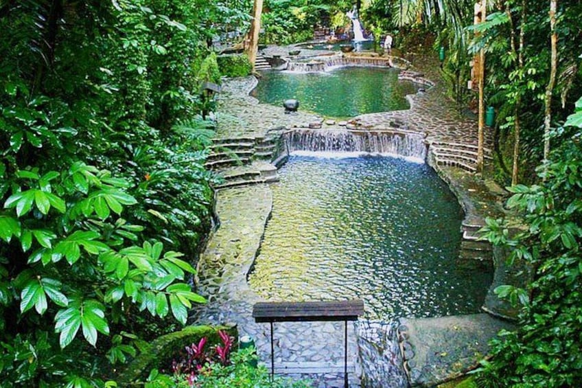 A natural water feature surrounded by lush greenery. 1