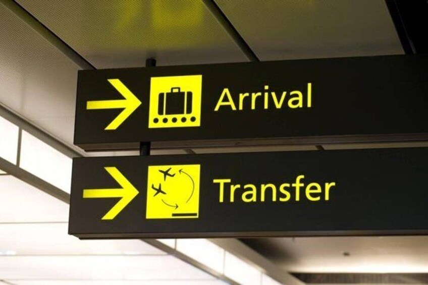 A sign with two arrows pointing to the right, labeled 'Arrival' and 'Transfer' with corresponding symbols. 1