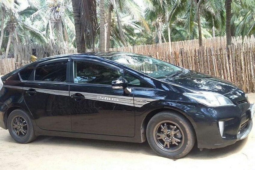 Un coche negro estacionado sobre arena, con palmeras al fondo. 1