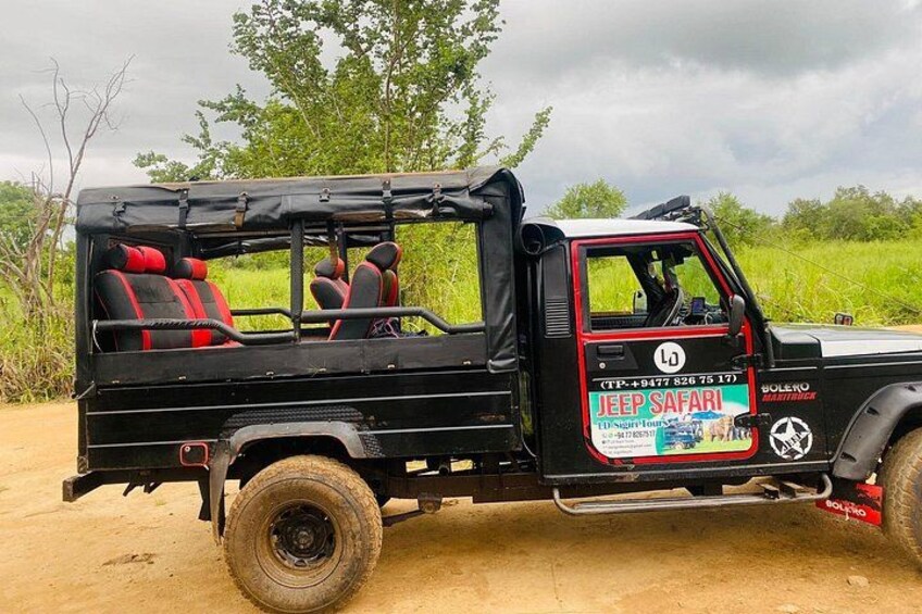A black jeep with red seats and a 'JEEP SAFARI' sign. 3