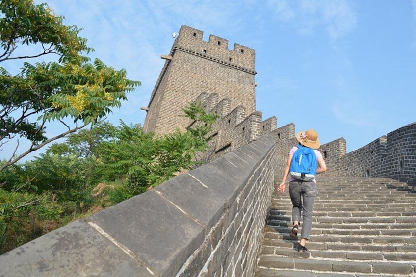 A person ascending a stone staircase with a large brick wall and a tower in the background. 5