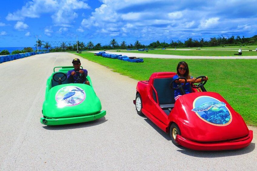 Two children driving toy cars on a paved path with a grassy area and palm trees in the background. 4