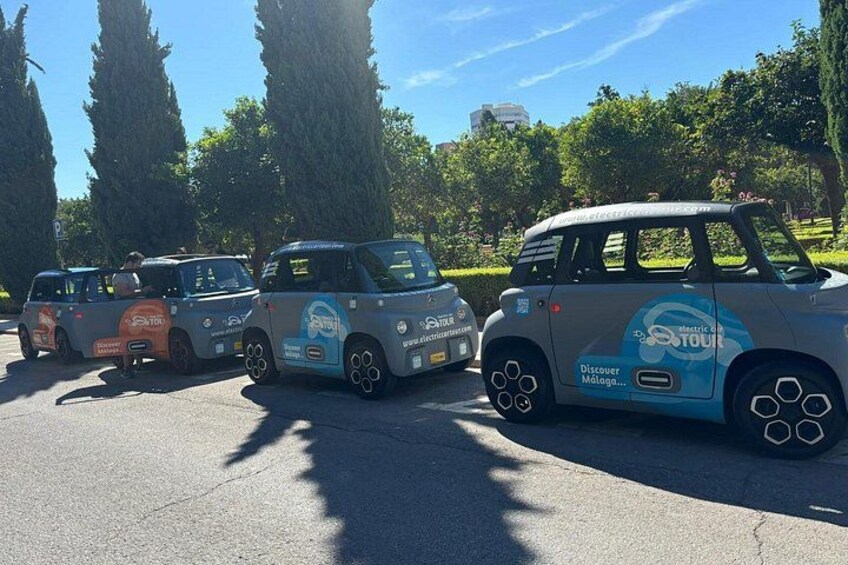 A row of electric vehicles parked in a line on a sunny day. 2
