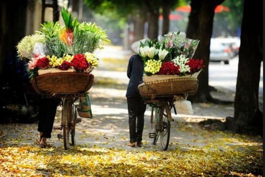Two bicycles with baskets filled with flowers parked on a leaf-covered sidewalk. 2
