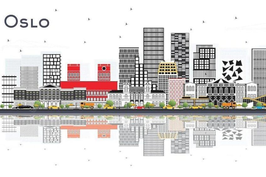 Une représentation stylisée du paysage urbain d’Oslo, avec différents bâtiments, dont un imposant bâtiment rouge et plusieurs gratte-ciel modernes. 2